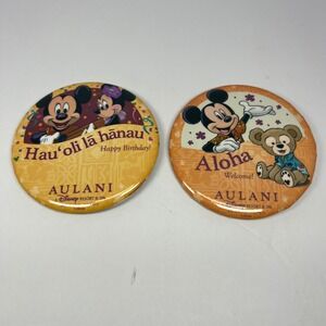 Aulani Disney Resort Mickey Minnie Aloha Hauoli Birthday‎ Button Pins Set of 2